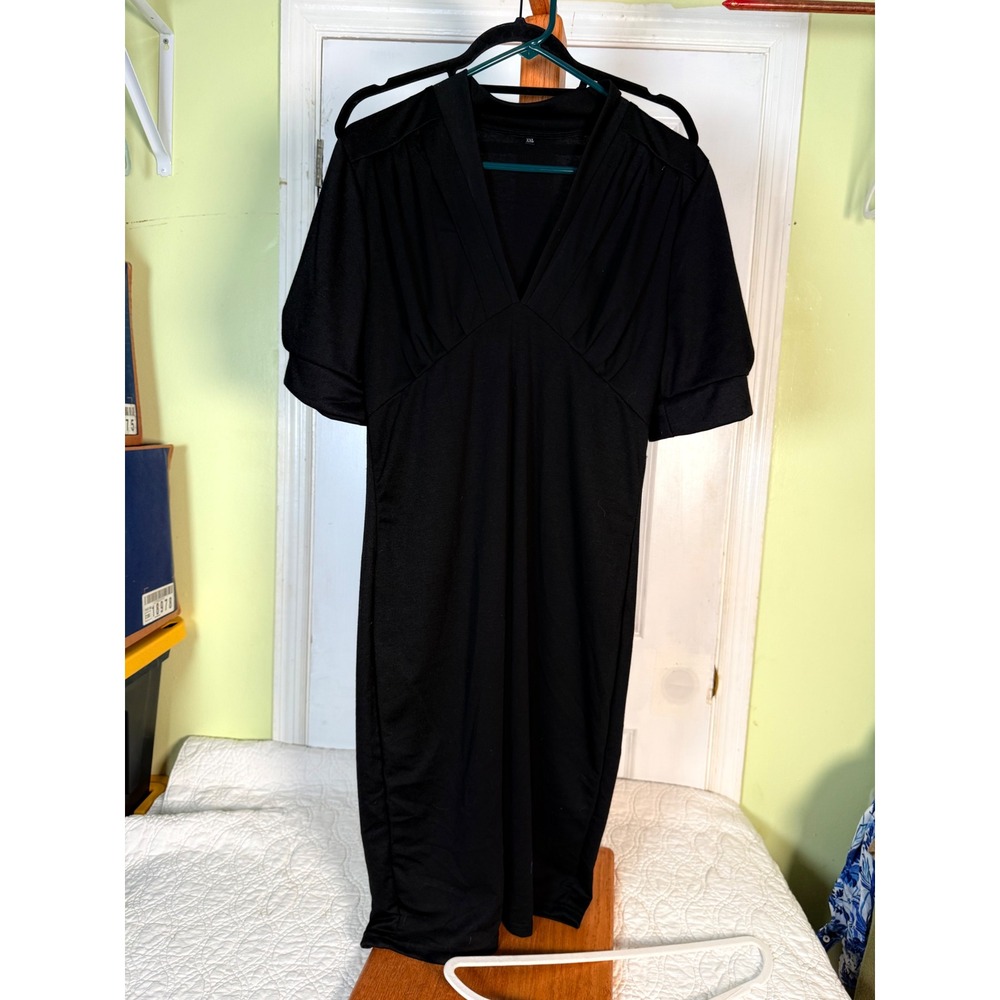 Unbranded Black V-Neck Pleated Bust Puff Sleeve Sheath Midi Dress XXL